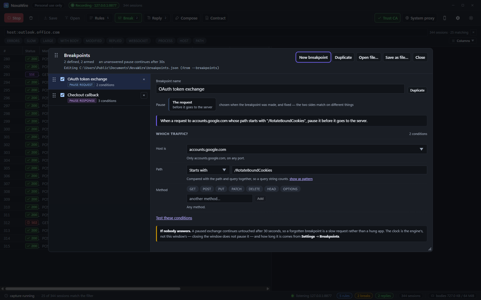 NovaWire Breakpoints dialog with request and response pause points and a 30-second deadline.
