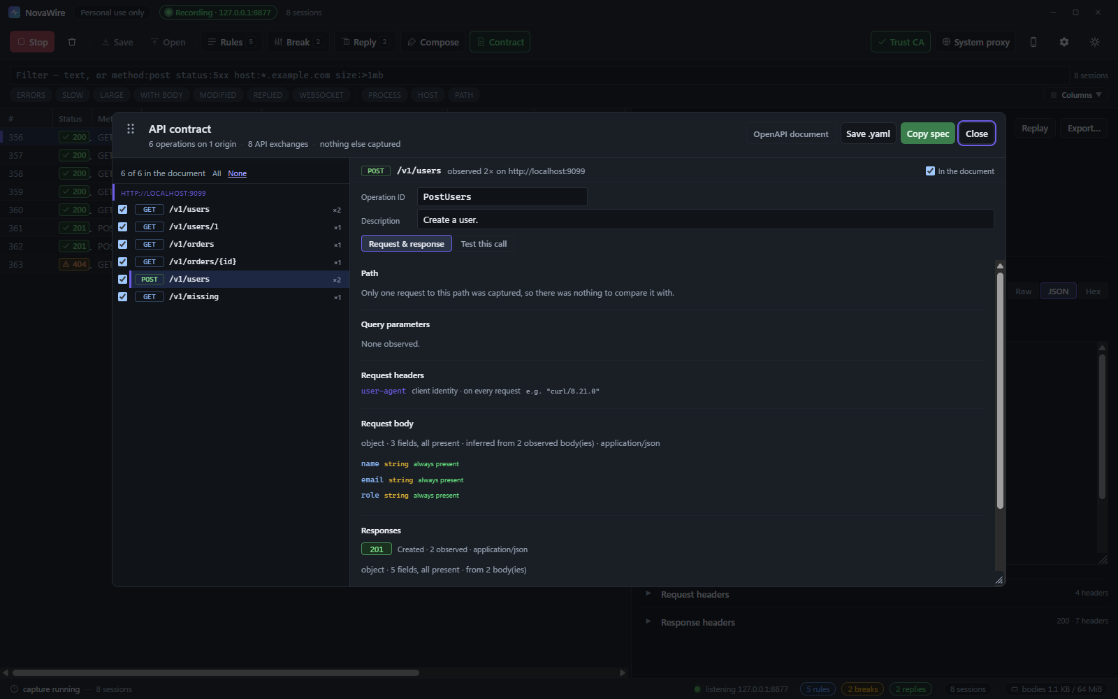 NovaWire API contract panel showing six inferred OpenAPI operations, operation IDs, request body fields and response schemas.
