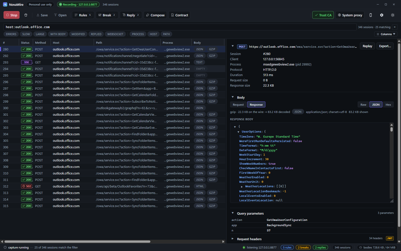 Image 1: The NovaWire main window in the dark theme: a filtered HTTPS capture, a JSON response tree in the inspector, and status, process and body columns.