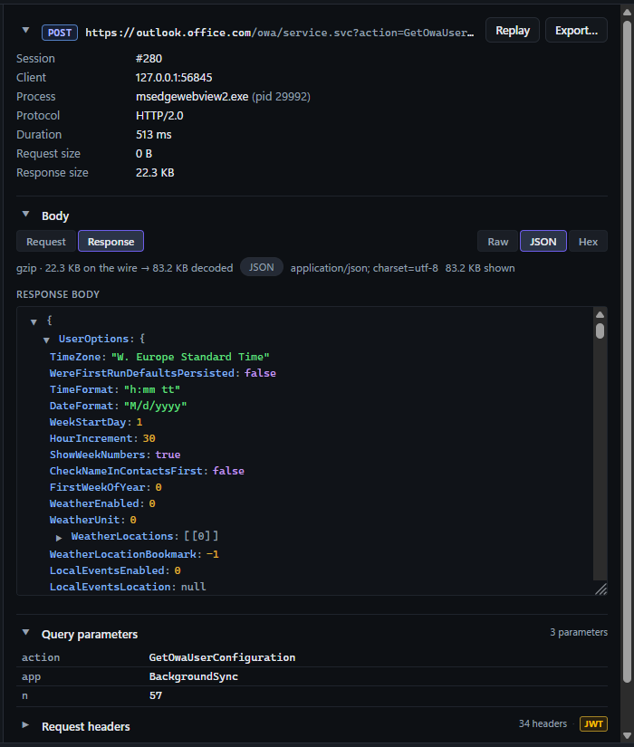 NovaWire inspector showing a POST to outlook.office.com, a decoded gzip JSON tree, query parameter rows and a JWT decode badge.