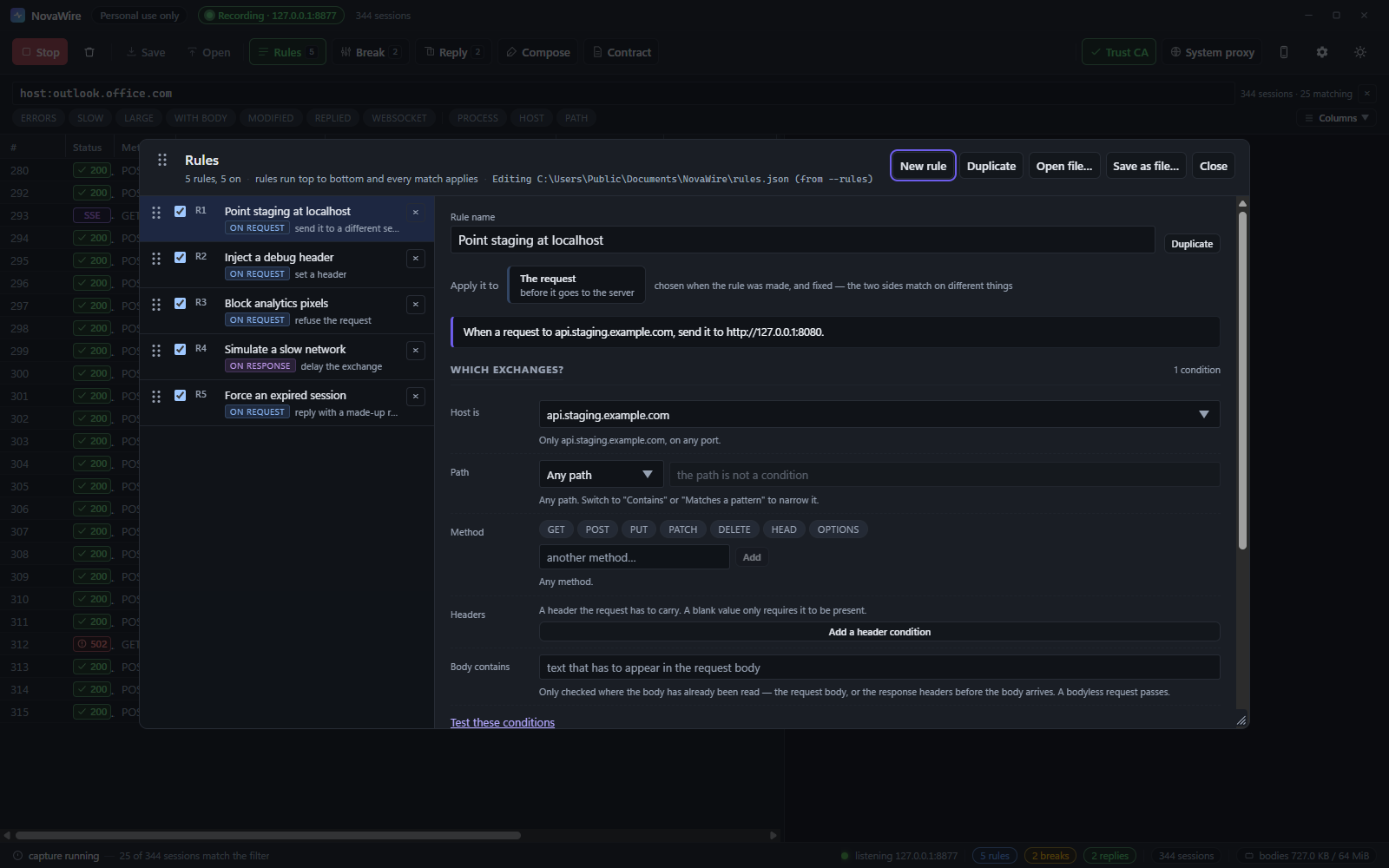 NovaWire Rules dialog listing five enabled rules, with a rule editor for mapping a staging host to localhost.