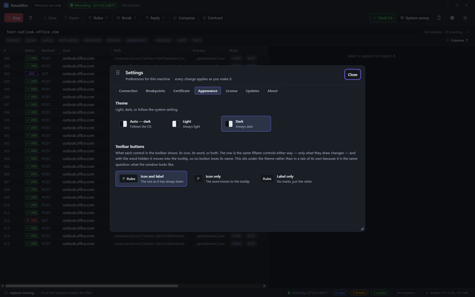 NovaWire Settings on the Appearance tab with the dark theme selected.