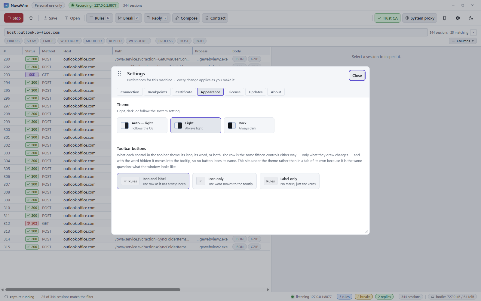 NovaWire Settings on the Appearance tab with the light theme selected.