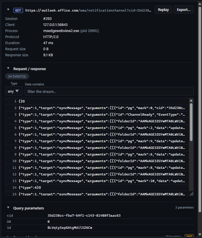 NovaWire Server-Sent Events viewer showing 34 parsed events with type and data filters.