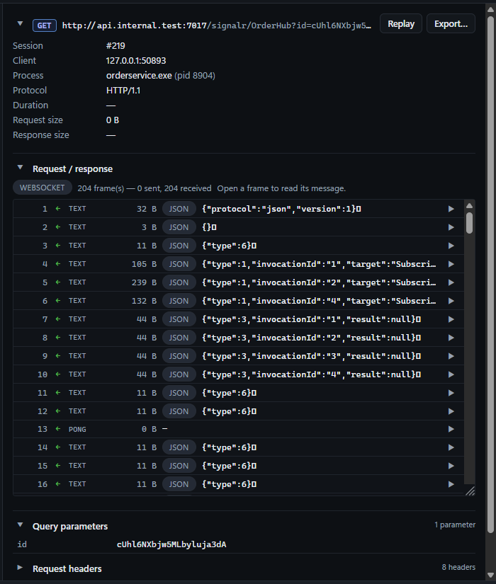 NovaWire WebSocket viewer listing 204 frames, each with direction, size, a JSON badge and a message preview.